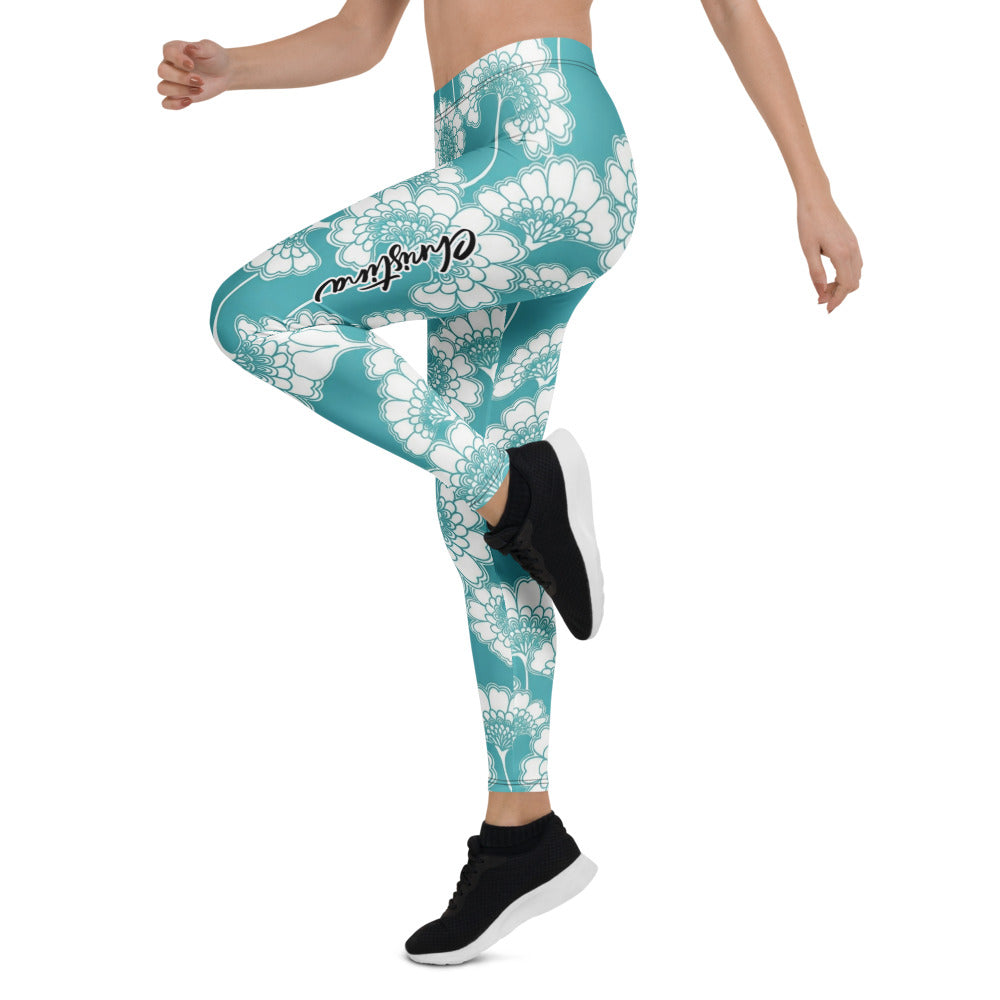Personalisierte Damen Sportleggings Türkis Weiß Blumenmuster Fitness Yoga Leggings L057