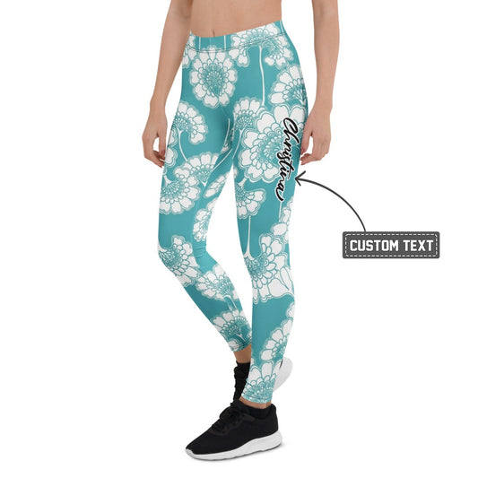 Personalisierte Damen Sportleggings Türkis Weiß Blumenmuster Fitness Yoga Leggings L057 - XL