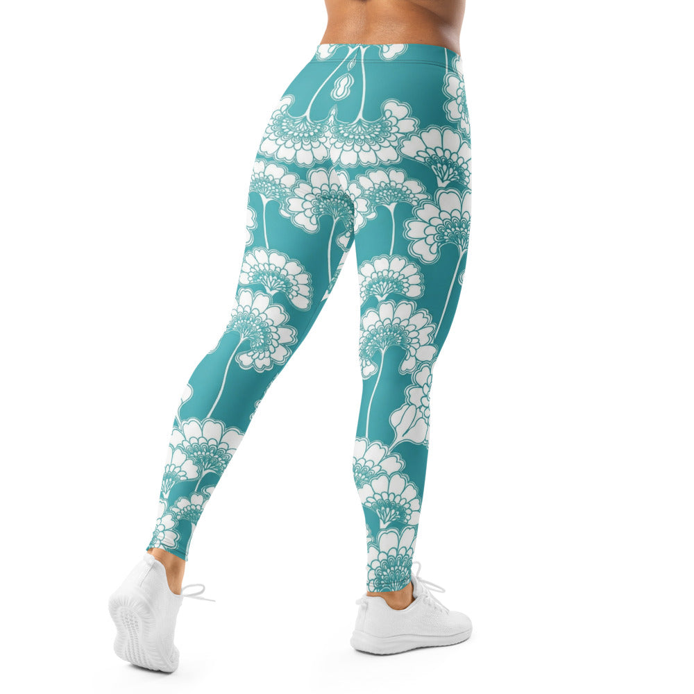 Personalisierte Damen Sportleggings Türkis Weiß Blumenmuster Fitness Yoga Leggings L057