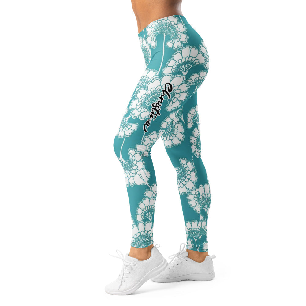 Personalisierte Damen Sportleggings Türkis Weiß Blumenmuster Fitness Yoga Leggings L057
