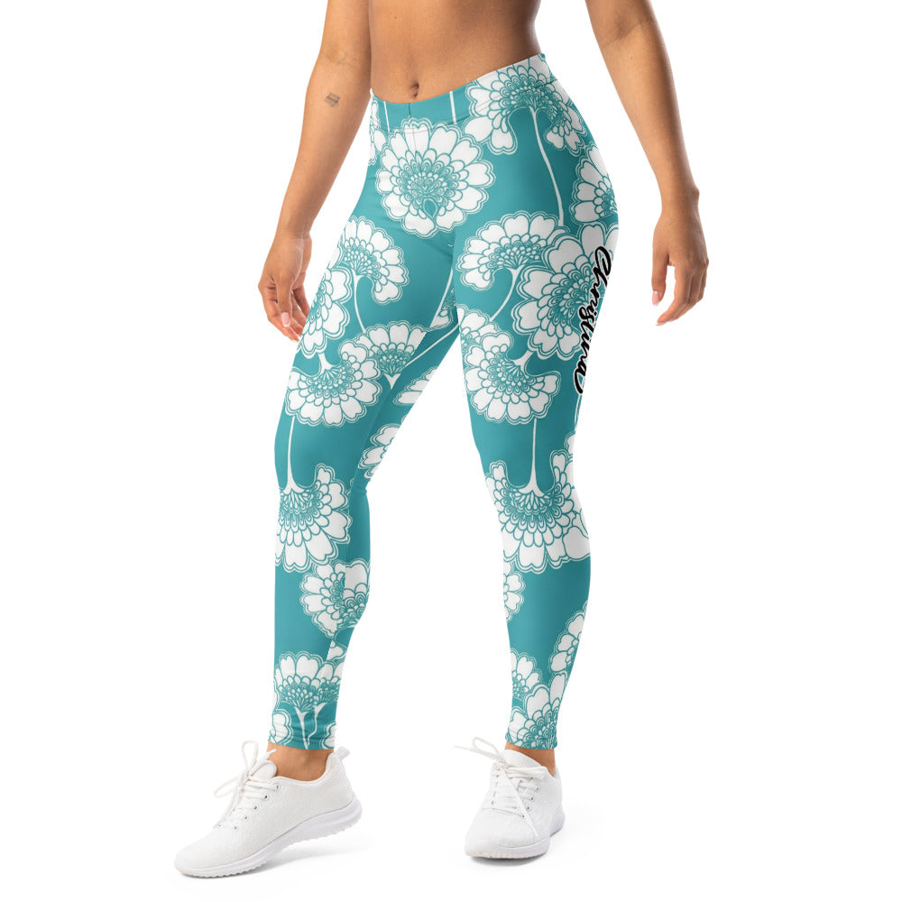 Personalisierte Damen Sportleggings Türkis Weiß Blumenmuster Fitness Yoga Leggings L057