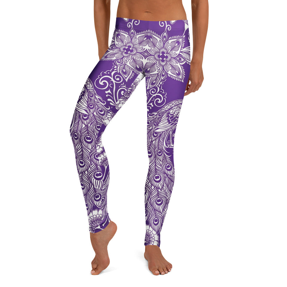 Personalisierte Damen Yoga Leggings Lila Weiß Mandala Pfauenfeder Design Sportleggings U958