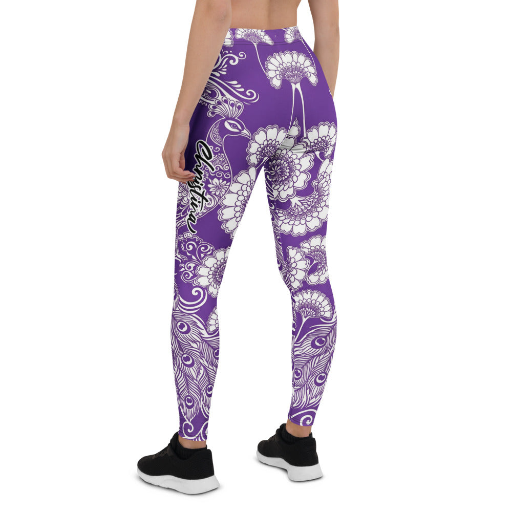 Personalisierte Damen Yoga Leggings Lila Weiß Mandala Pfauenfeder Design Sportleggings U958
