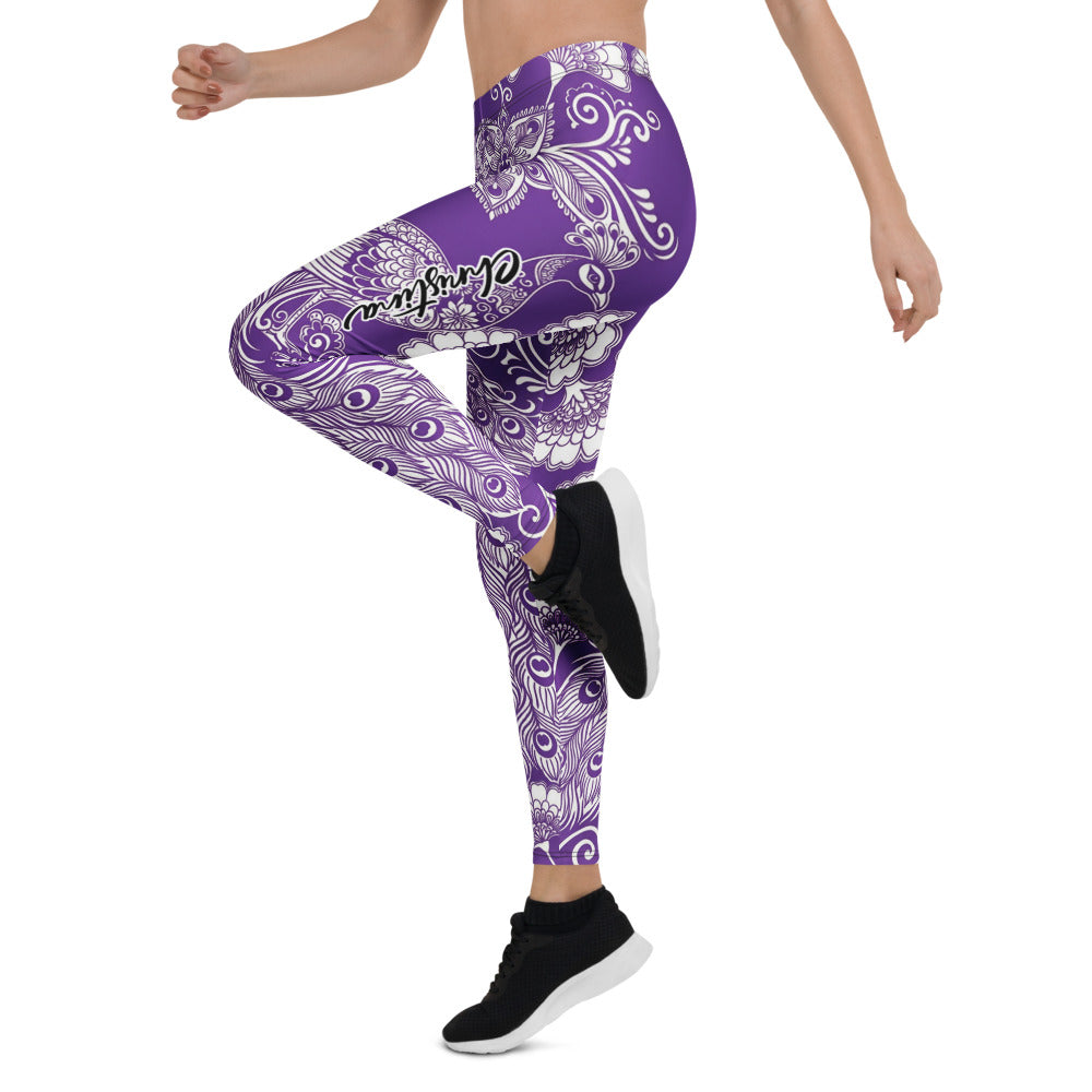Personalisierte Damen Yoga Leggings Lila Weiß Mandala Pfauenfeder Design Sportleggings U958