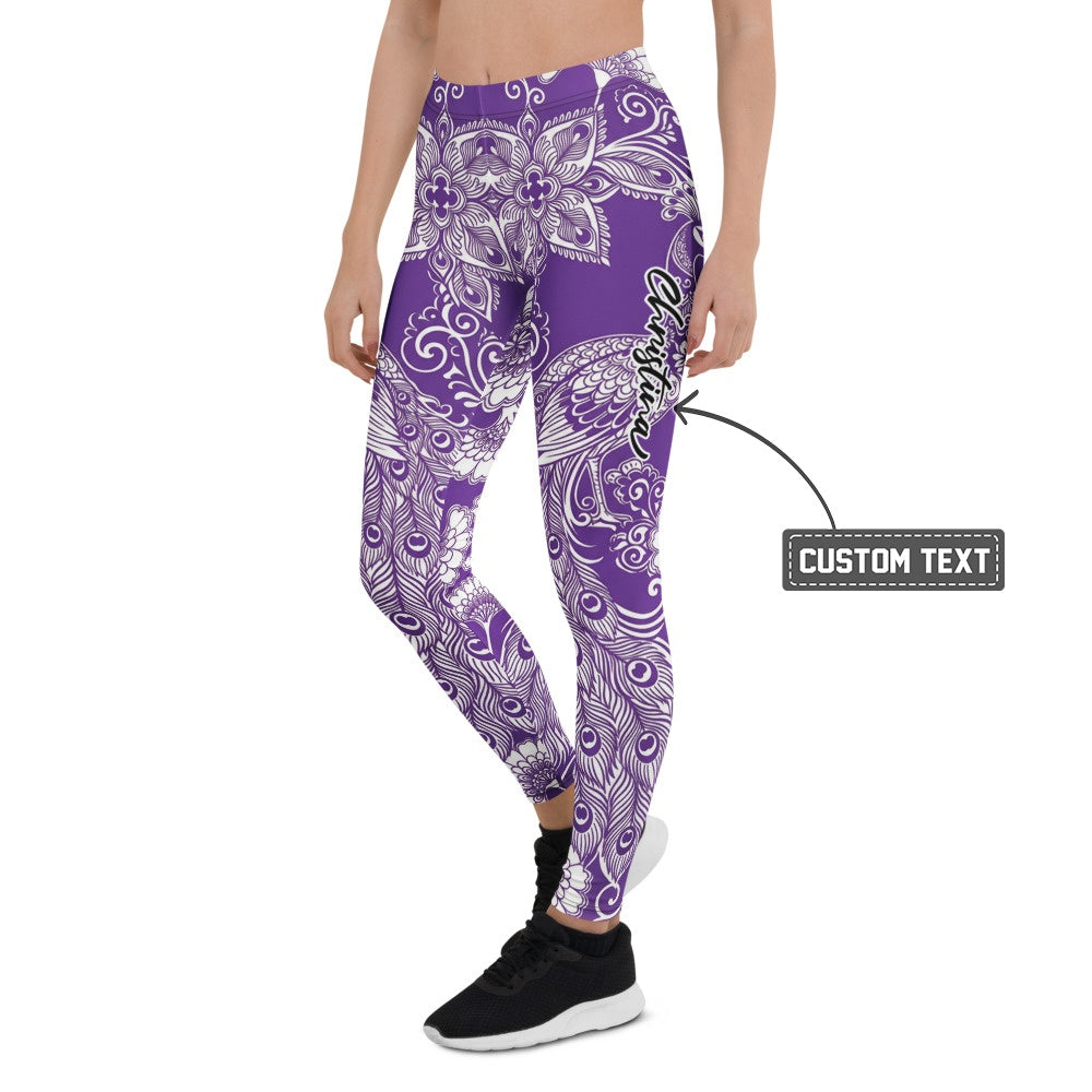 Personalisierte Damen Yoga Leggings Lila Weiß Mandala Pfauenfeder Design Sportleggings U958 - XL