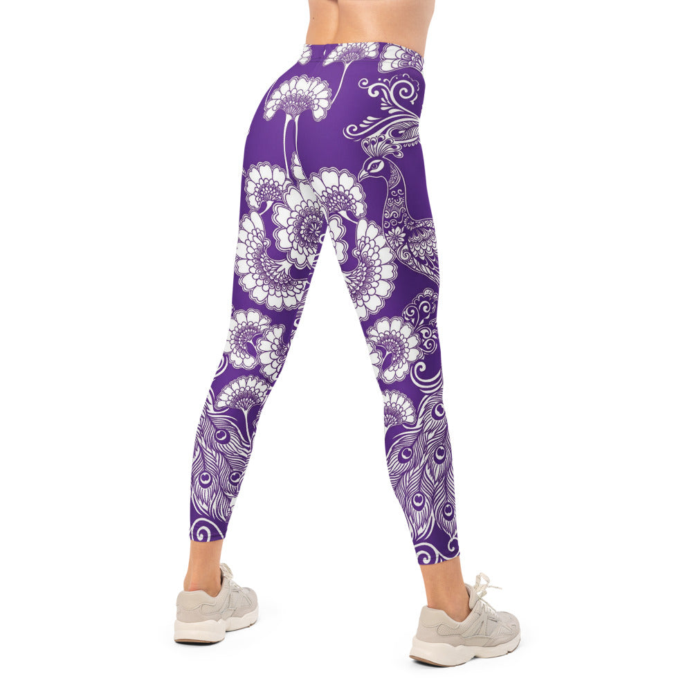 Personalisierte Damen Yoga Leggings Lila Weiß Mandala Pfauenfeder Design Sportleggings U958
