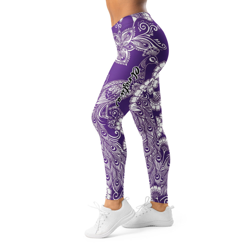 Personalisierte Damen Yoga Leggings Lila Weiß Mandala Pfauenfeder Design Sportleggings U958