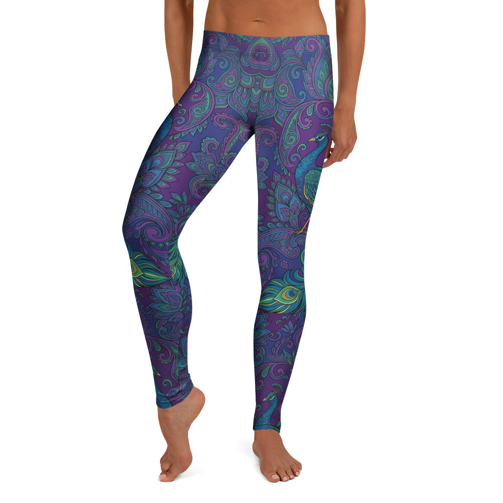 Personalisierte Damen Sportleggings Pfau Muster Paisley Design Blau Lila Yoga Fitnesshose X546