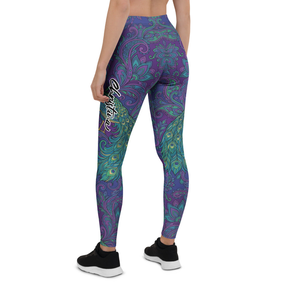 Personalisierte Damen Sportleggings Pfau Muster Paisley Design Blau Lila Yoga Fitnesshose X546