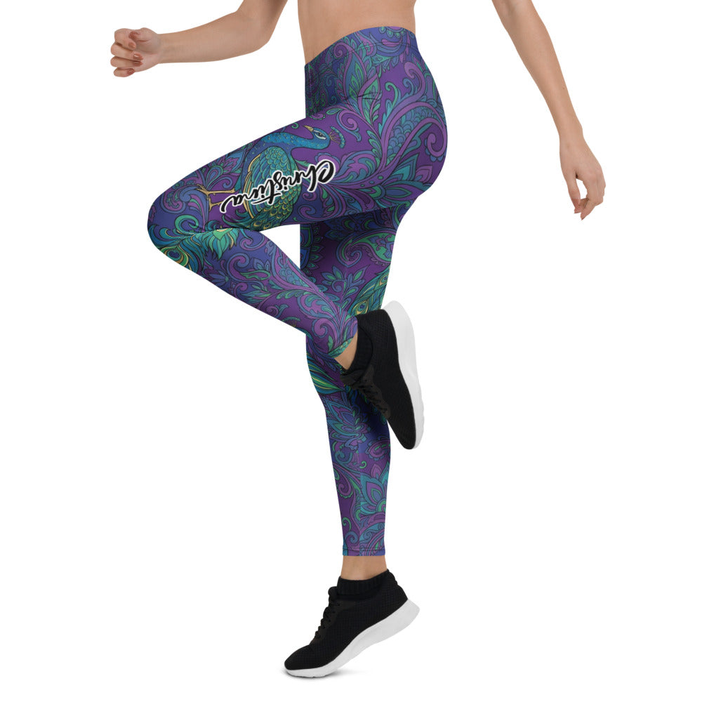 Personalisierte Damen Sportleggings Pfau Muster Paisley Design Blau Lila Yoga Fitnesshose X546
