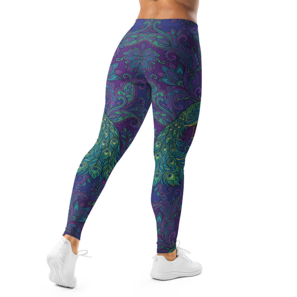 Personalisierte Damen Sportleggings Pfau Muster Paisley Design Blau Lila Yoga Fitnesshose X546