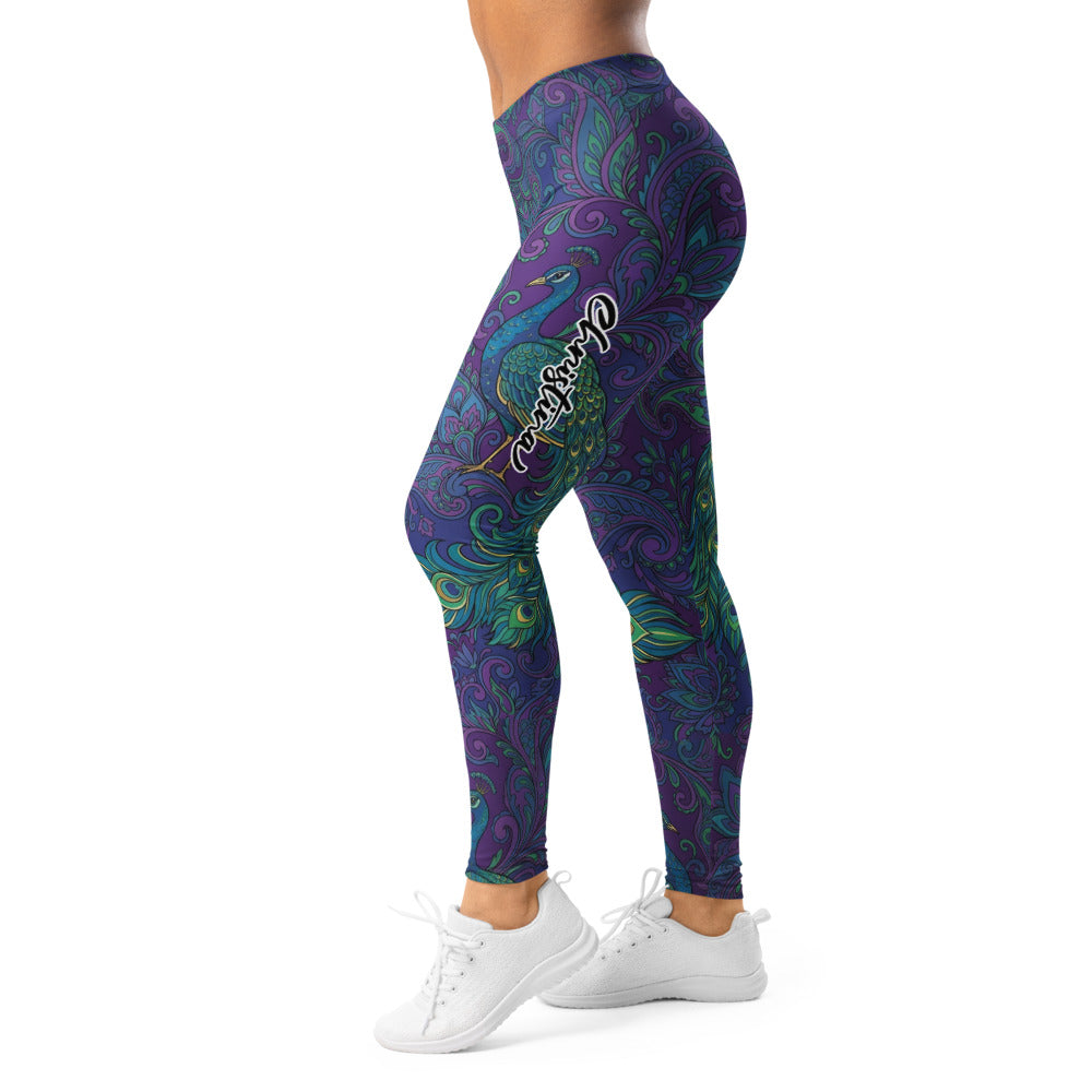 Personalisierte Damen Sportleggings Pfau Muster Paisley Design Blau Lila Yoga Fitnesshose X546