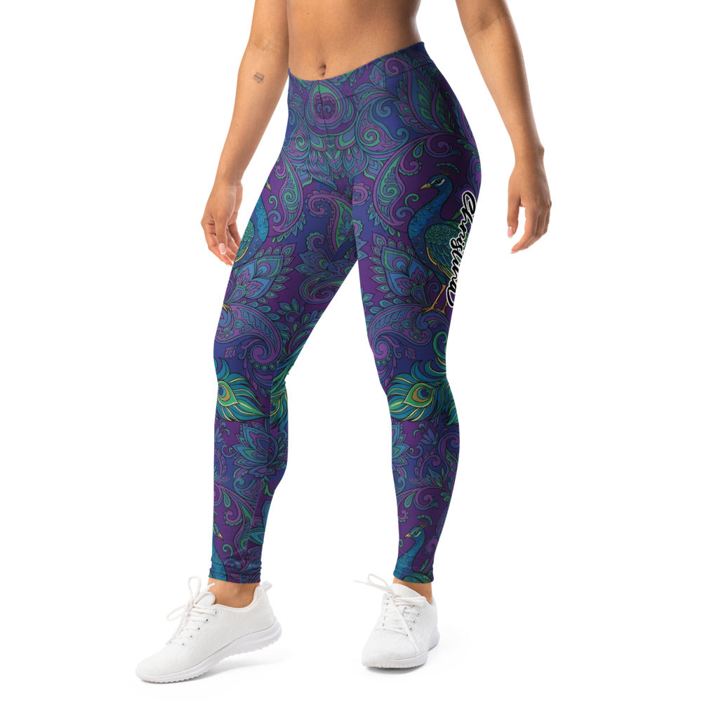 Personalisierte Damen Sportleggings Pfau Muster Paisley Design Blau Lila Yoga Fitnesshose X546