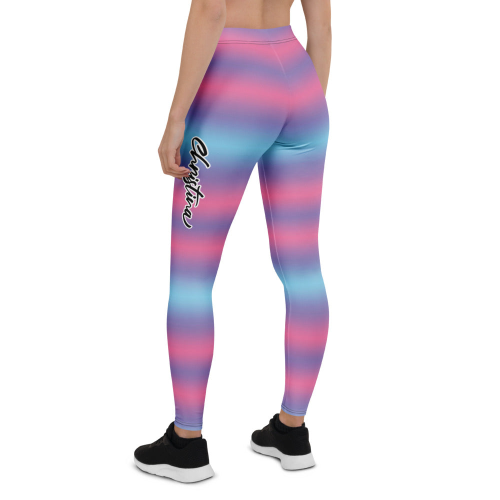 Personalisierte Damen Sportleggings mit Farbverlauf Pink Blau Lila Yoga Leggings Bunte Fitnesshose Gestreift D909