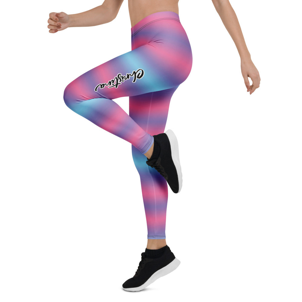Personalisierte Damen Sportleggings mit Farbverlauf Pink Blau Lila Yoga Leggings Bunte Fitnesshose Gestreift D909