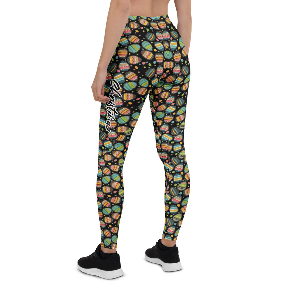 Personalisierte Damen Sportleggings Ostereier Muster Ostern Bunt Schwarz Fitness Leggings V595