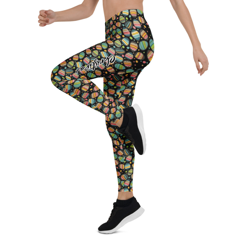 Personalisierte Damen Sportleggings Ostereier Muster Ostern Bunt Schwarz Fitness Leggings V595
