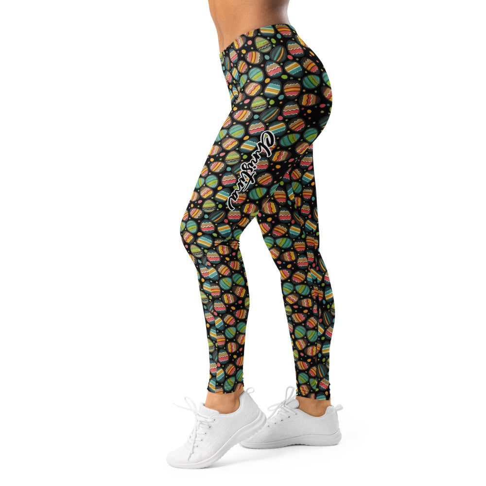 Personalisierte Damen Sportleggings Ostereier Muster Ostern Bunt Schwarz Fitness Leggings V595