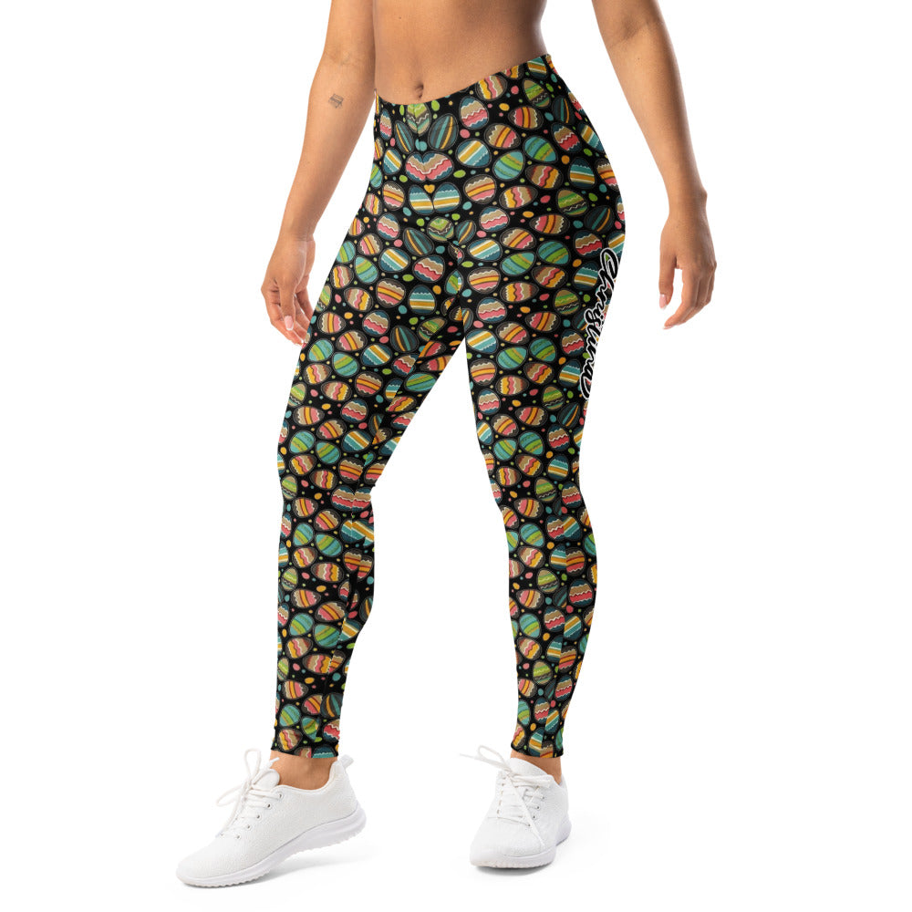 Personalisierte Damen Sportleggings Ostereier Muster Ostern Bunt Schwarz Fitness Leggings V595