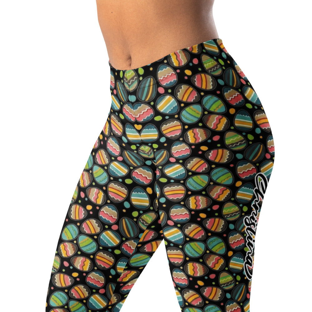 Personalisierte Damen Sportleggings Ostereier Muster Ostern Bunt Schwarz Fitness Leggings V595