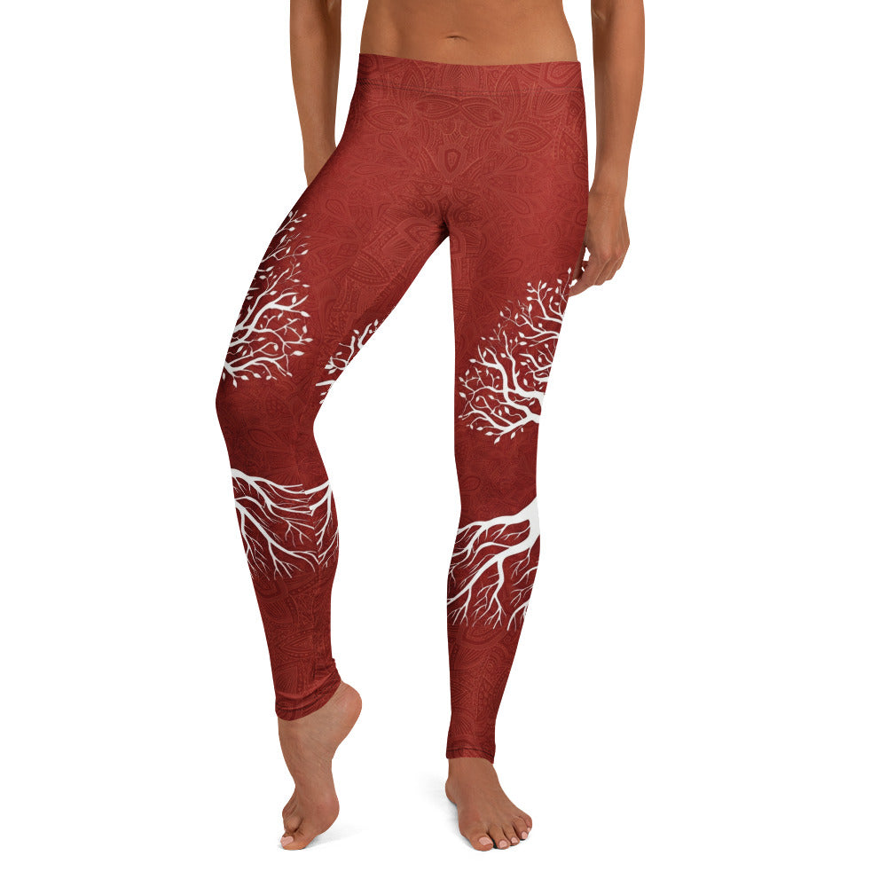 Personalisierte Damen Sportleggings Weinrot Lebensbaum Design Yoga Fitness Leggings Baum Motiv S976