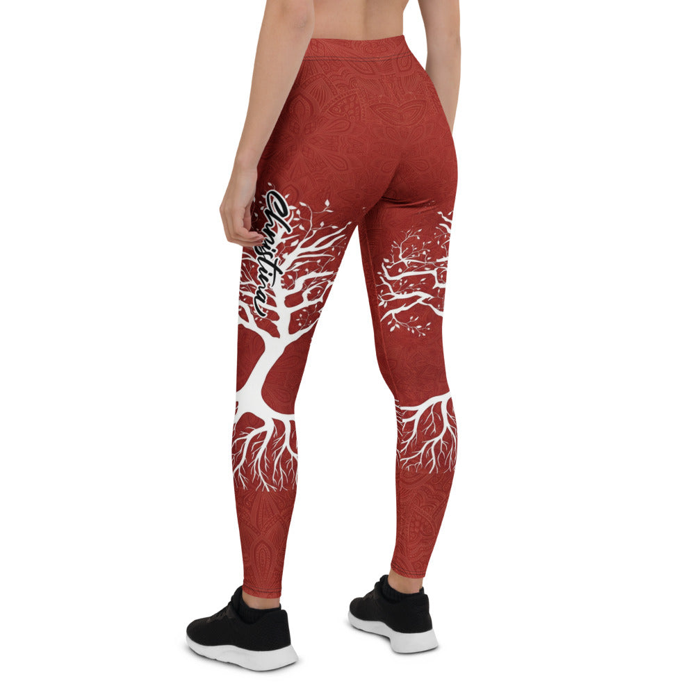 Personalisierte Damen Sportleggings Weinrot Lebensbaum Design Yoga Fitness Leggings Baum Motiv S976