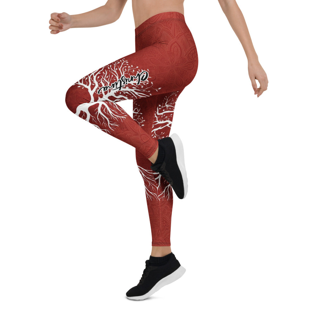Personalisierte Damen Sportleggings Weinrot Lebensbaum Design Yoga Fitness Leggings Baum Motiv S976