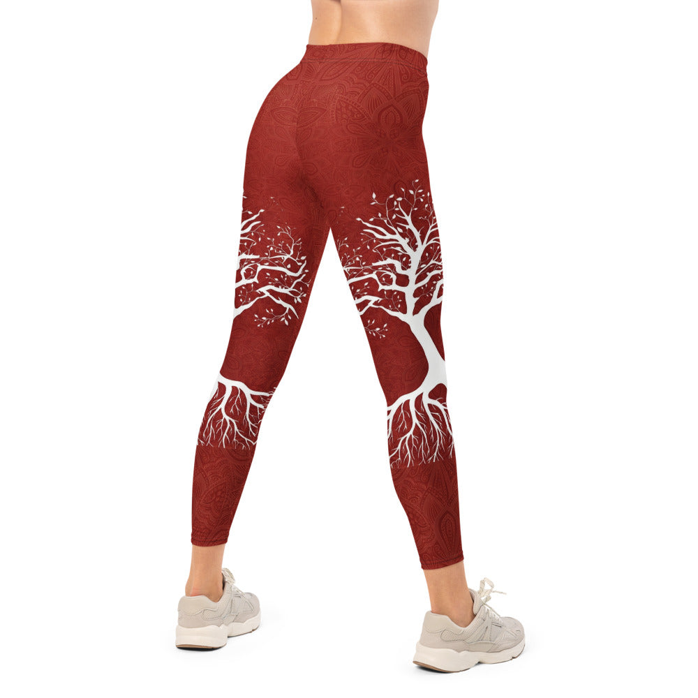 Personalisierte Damen Sportleggings Weinrot Lebensbaum Design Yoga Fitness Leggings Baum Motiv S976