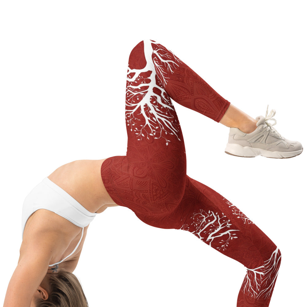 Personalisierte Damen Sportleggings Weinrot Lebensbaum Design Yoga Fitness Leggings Baum Motiv S976
