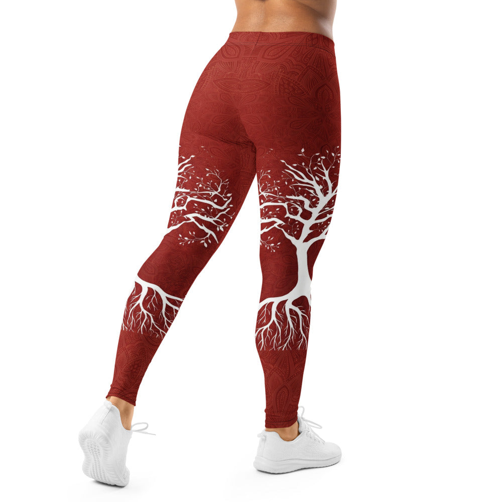 Personalisierte Damen Sportleggings Weinrot Lebensbaum Design Yoga Fitness Leggings Baum Motiv S976