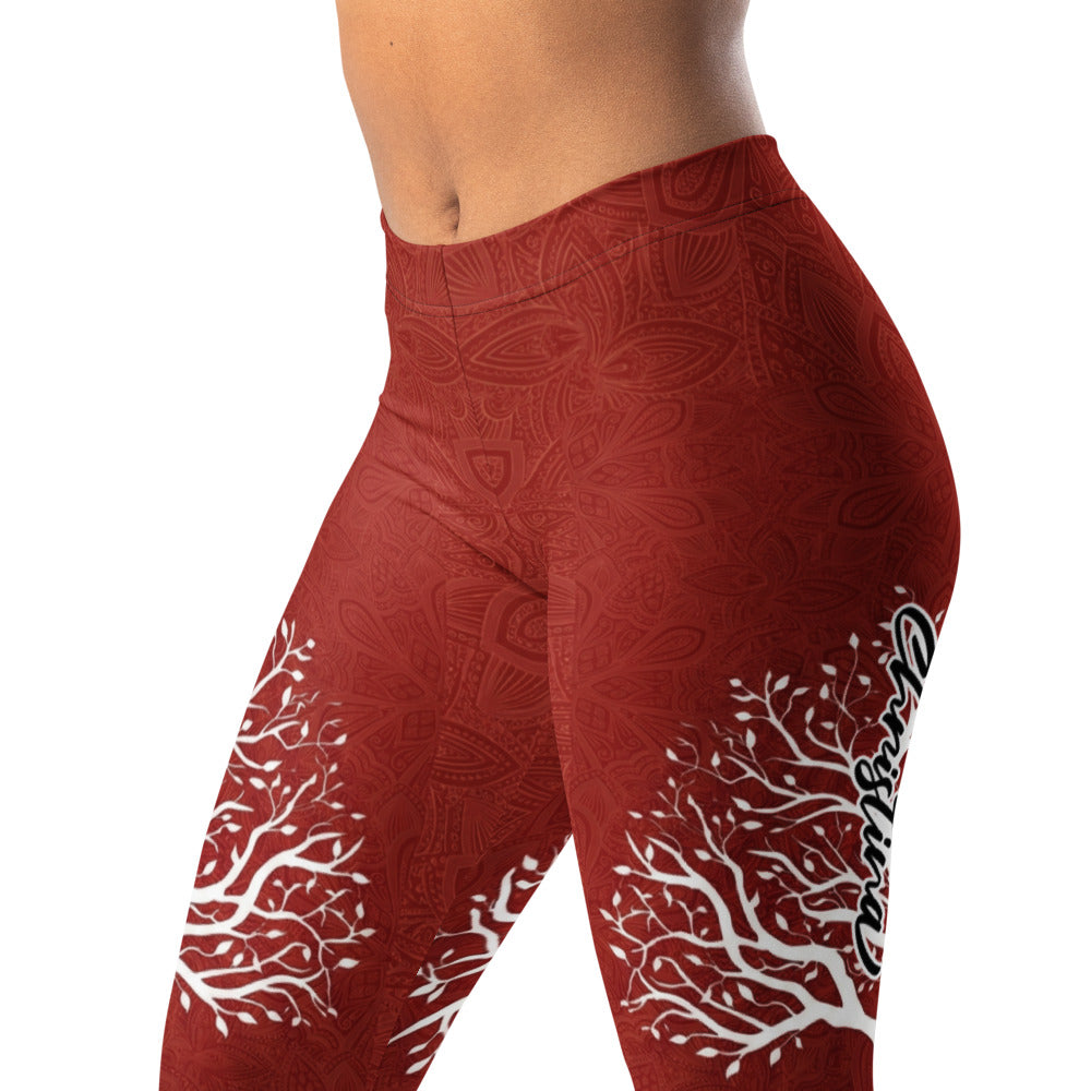 Personalisierte Damen Sportleggings Weinrot Lebensbaum Design Yoga Fitness Leggings Baum Motiv S976