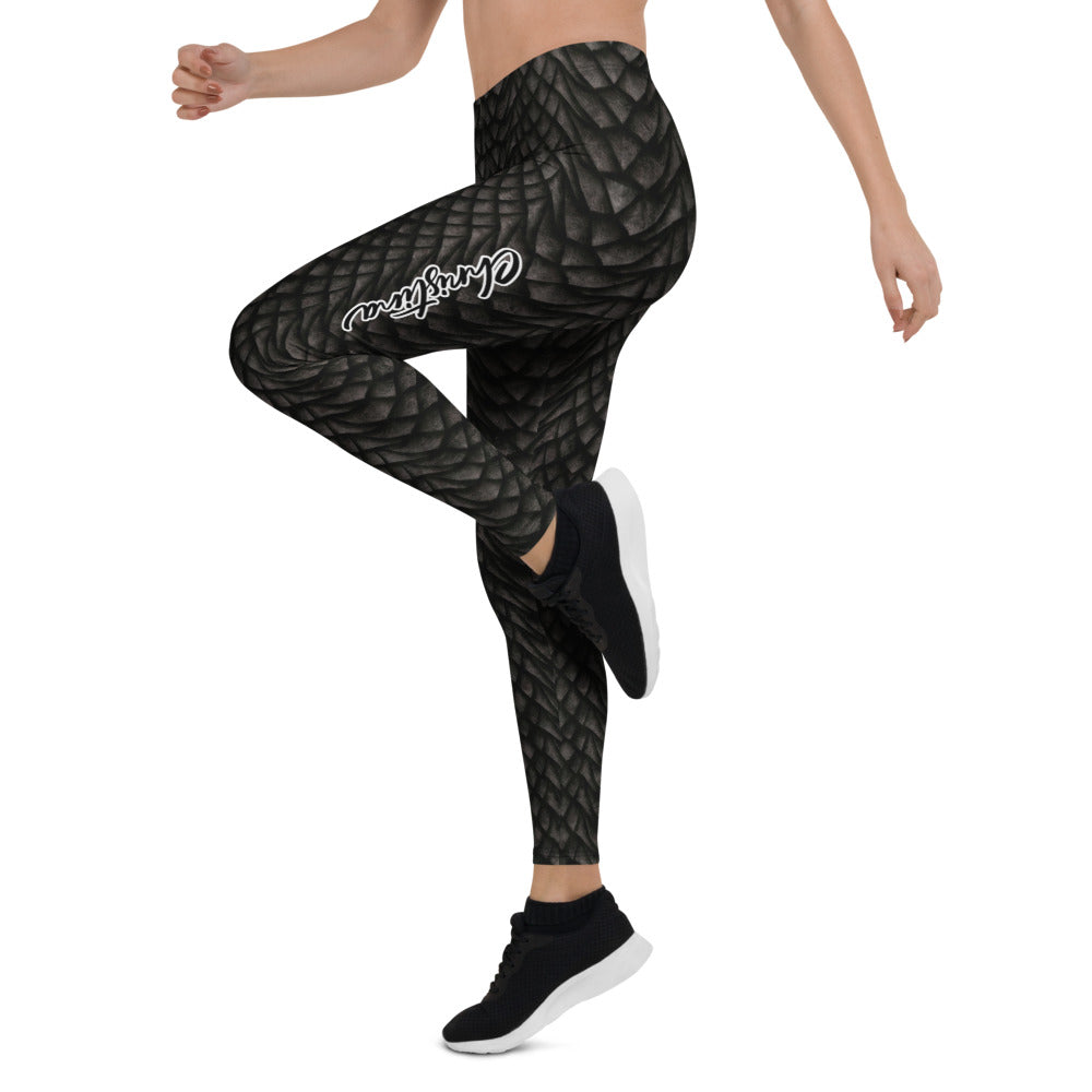 Personalisierte Damen Sportleggings Drachenschuppen Optik Schwarz Grau Fitness Yoga Leggings C144