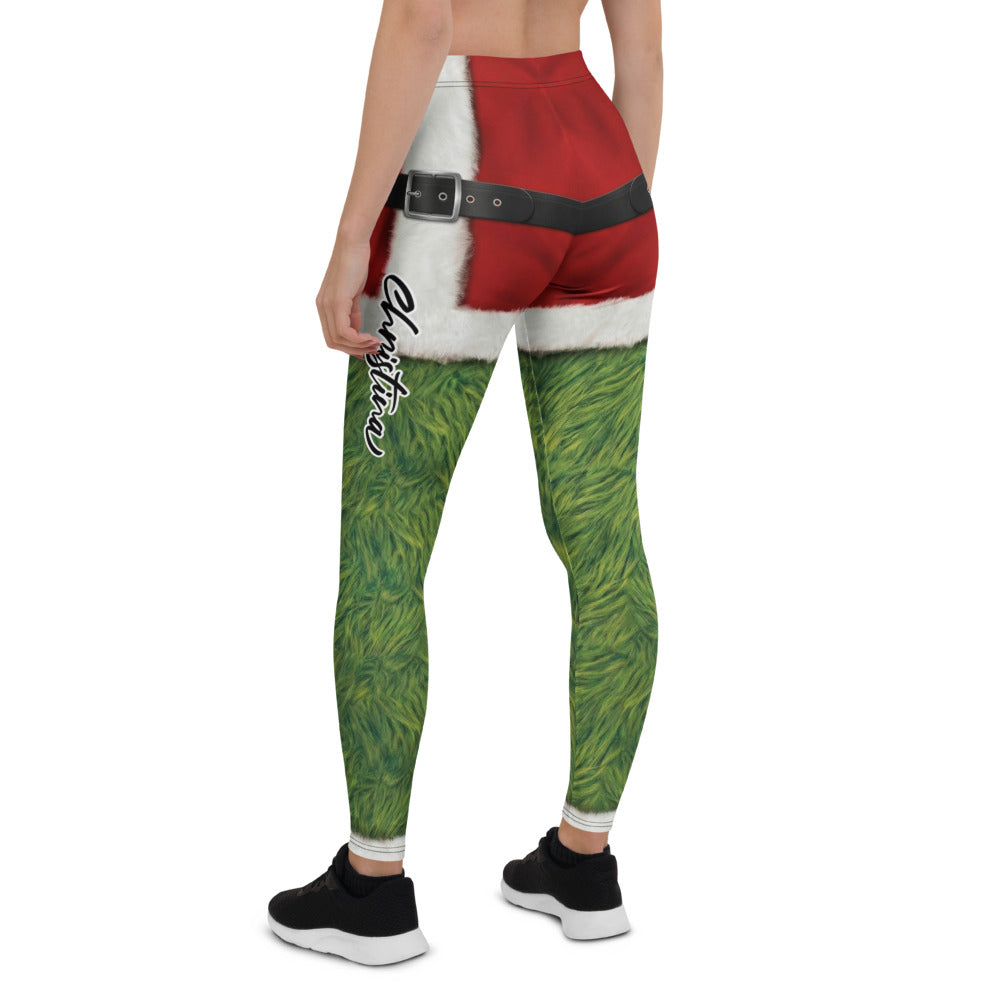 Personalisierte Weihnachtsleggings Damen Sportleggings Rot Grün Pelz-Optik Design Fitnesshose T439