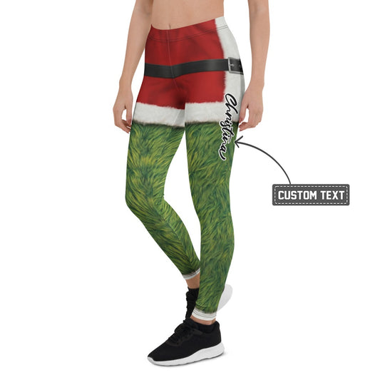 Personalisierte Weihnachtsleggings Damen Sportleggings Rot Grün Pelz-Optik Design Fitnesshose T439 - XL
