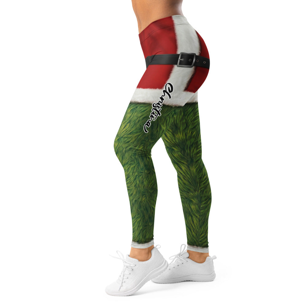 Personalisierte Weihnachtsleggings Damen Sportleggings Rot Grün Pelz-Optik Design Fitnesshose T439