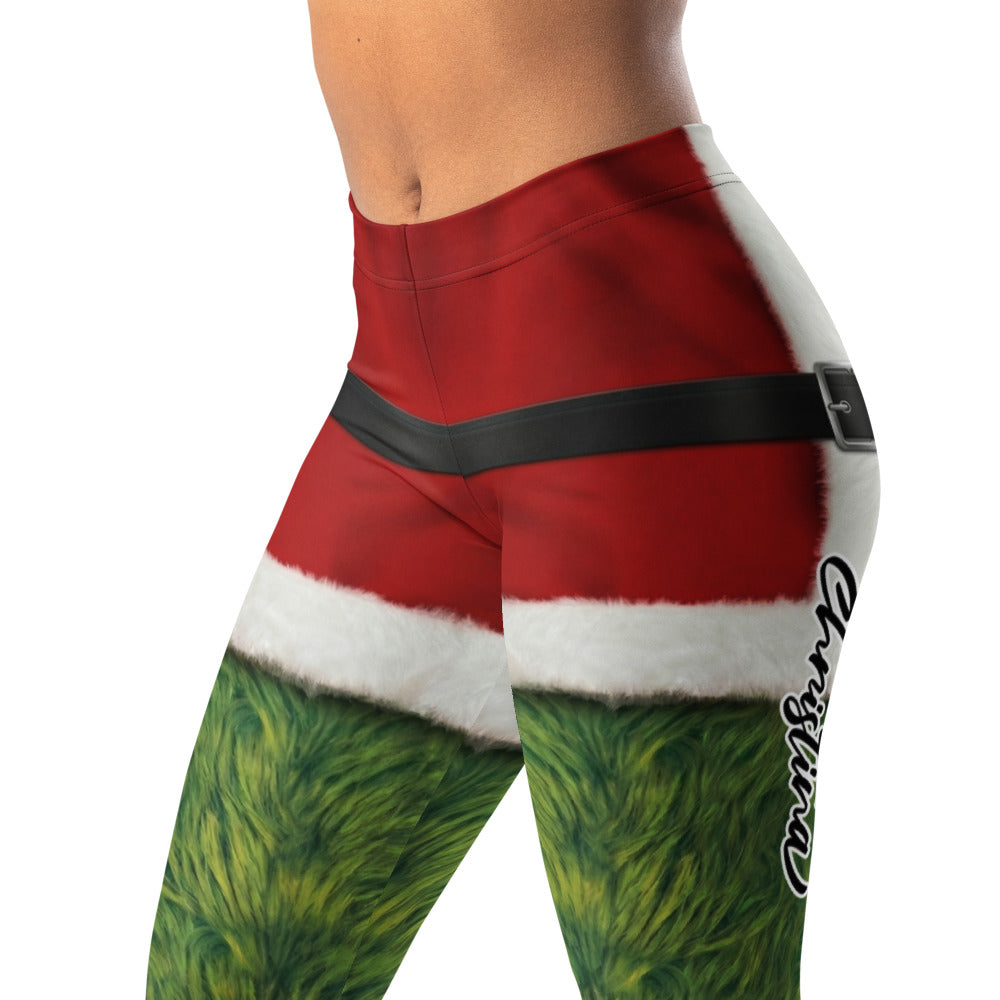Personalisierte Weihnachtsleggings Damen Sportleggings Rot Grün Pelz-Optik Design Fitnesshose T439