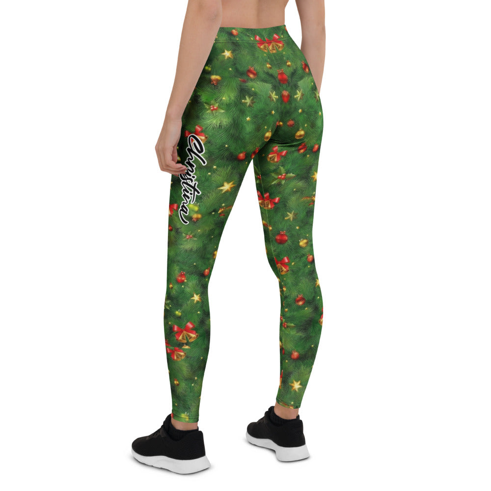 Personalisierte Damen Leggings Weihnachten Tannenbaum Muster Grün Rot Festliche Sportleggings Fitnesshose X966