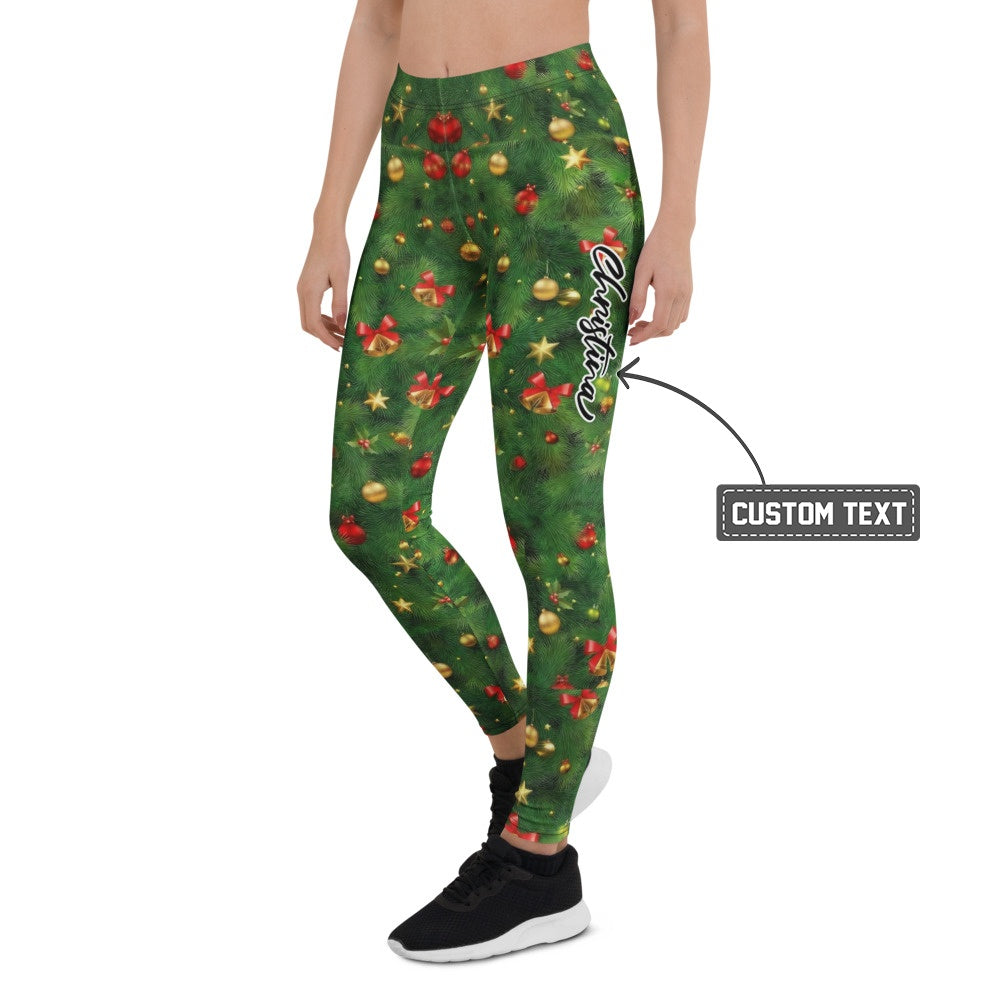Personalisierte Damen Leggings Weihnachten Tannenbaum Muster Grün Rot Festliche Sportleggings Fitnesshose X966 - XL