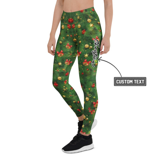 Personalisierte Damen Leggings Weihnachten Tannenbaum Muster Grün Rot Festliche Sportleggings Fitnesshose X966 - XL