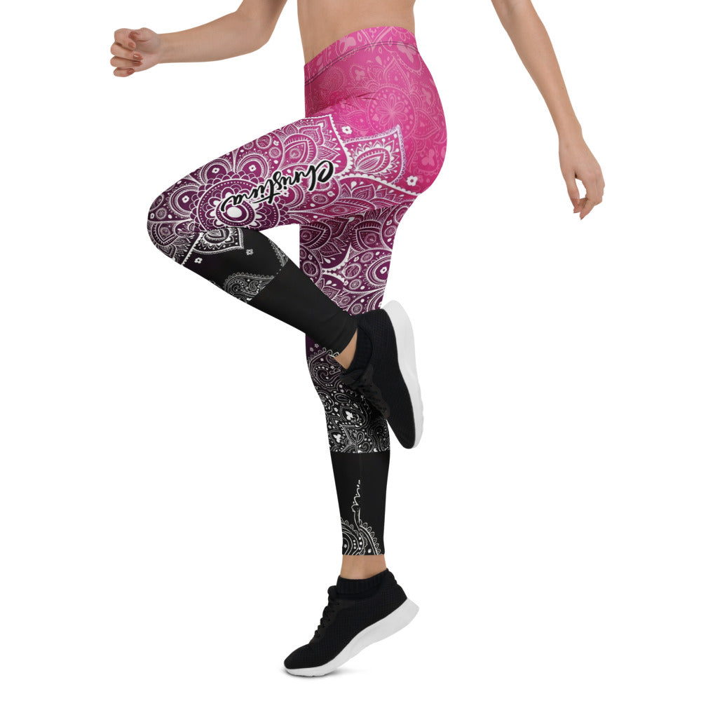 Personalisierte Damen Sportleggings Mandala Muster Pink Schwarz Fitness Yoga Leggings Farbverlauf Z363