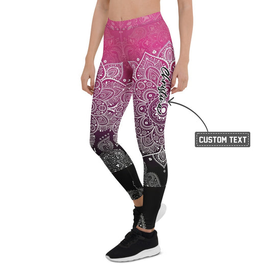 Personalisierte Damen Sportleggings Mandala Muster Pink Schwarz Fitness Yoga Leggings Farbverlauf Z363 - XL