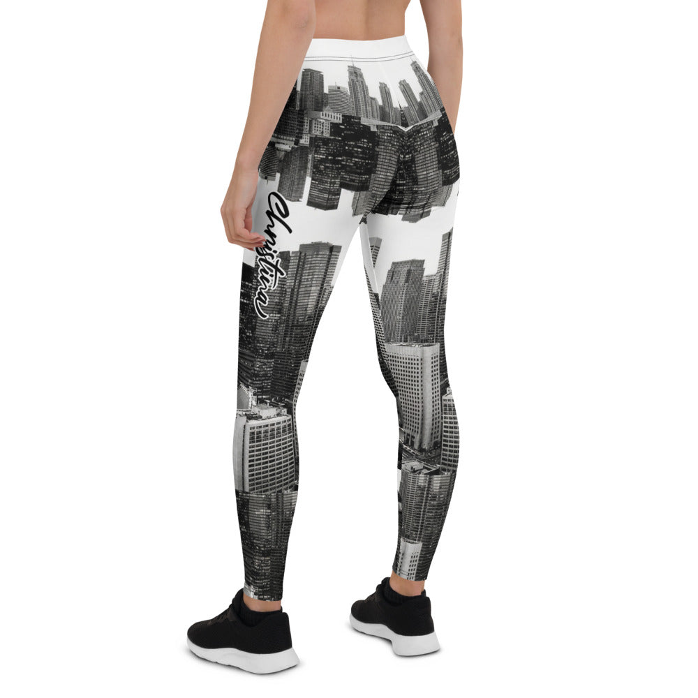 Personalisierte Damen Sportleggings Skyline Design Schwarz Weiß Fitness Leggings Stadt Print Yoga Hose E387