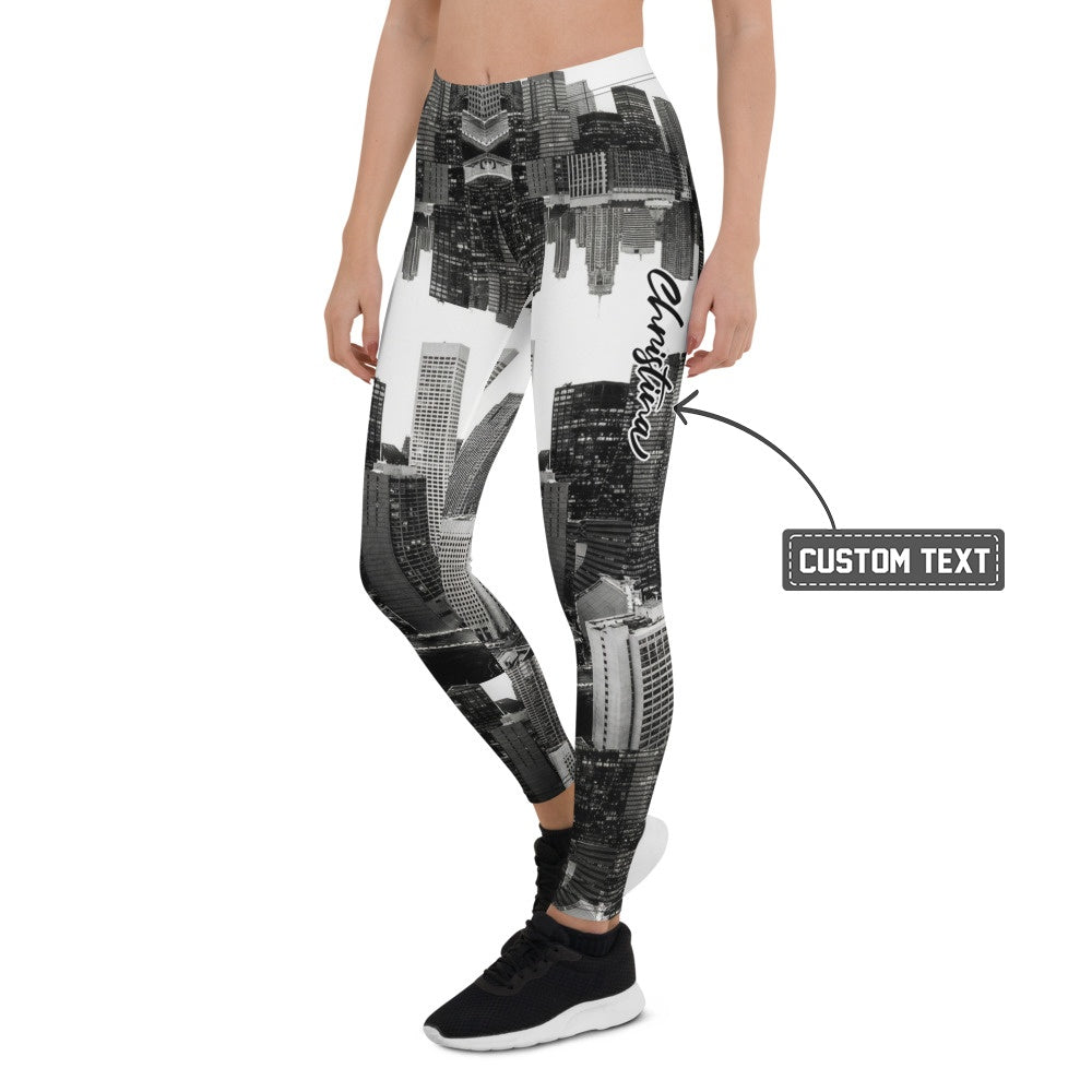 Personalisierte Damen Sportleggings Skyline Design Schwarz Weiß Fitness Leggings Stadt Print Yoga Hose E387 - XL
