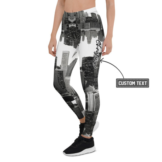 Personalisierte Damen Sportleggings Skyline Design Schwarz Weiß Fitness Leggings Stadt Print Yoga Hose E387 - XL