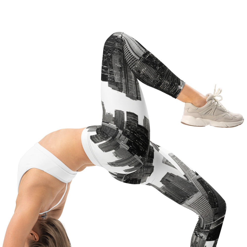 Personalisierte Damen Sportleggings Skyline Design Schwarz Weiß Fitness Leggings Stadt Print Yoga Hose E387