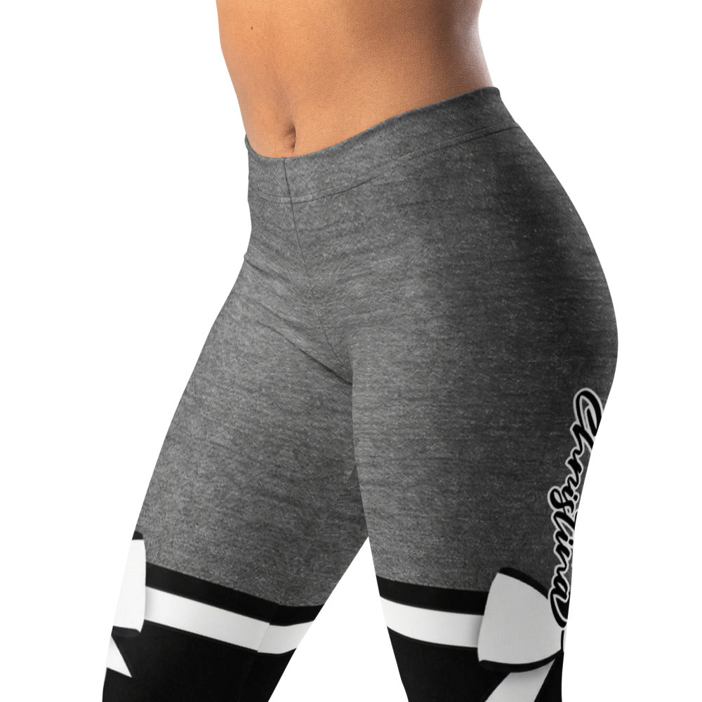 Personalisierte Damen Sportleggings Grau Schwarz Bicolor Fitness Leggings mit Schleifen Design I556