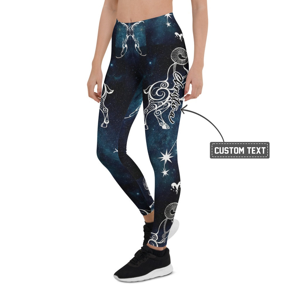 Personalisierte Damen Sportleggings Steinbock Sternzeichen Galaxy Design Fitness Yoga Hose Blau Schwarz T153 - XL