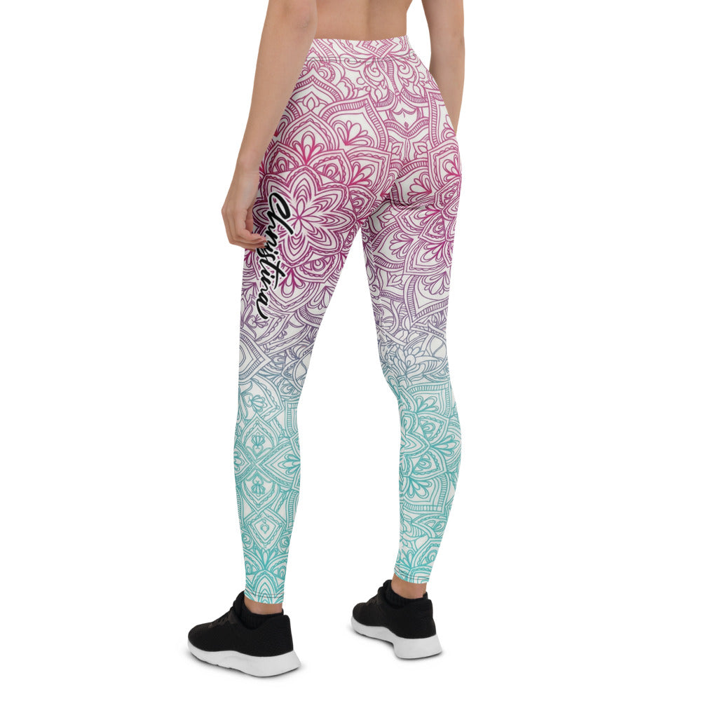 Personalisierte Yoga Leggings Damen Mandala Muster Farbverlauf Türkis Lila Fitness Sportleggings B898