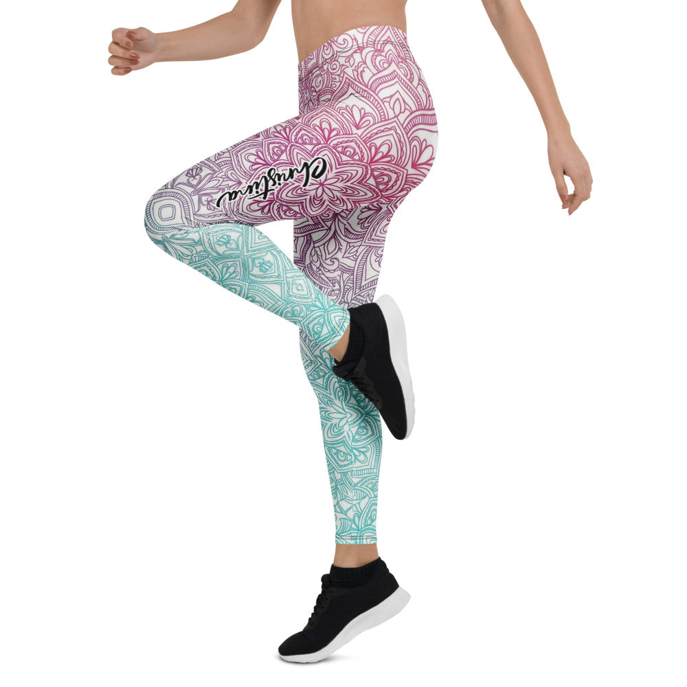 Personalisierte Yoga Leggings Damen Mandala Muster Farbverlauf Türkis Lila Fitness Sportleggings B898