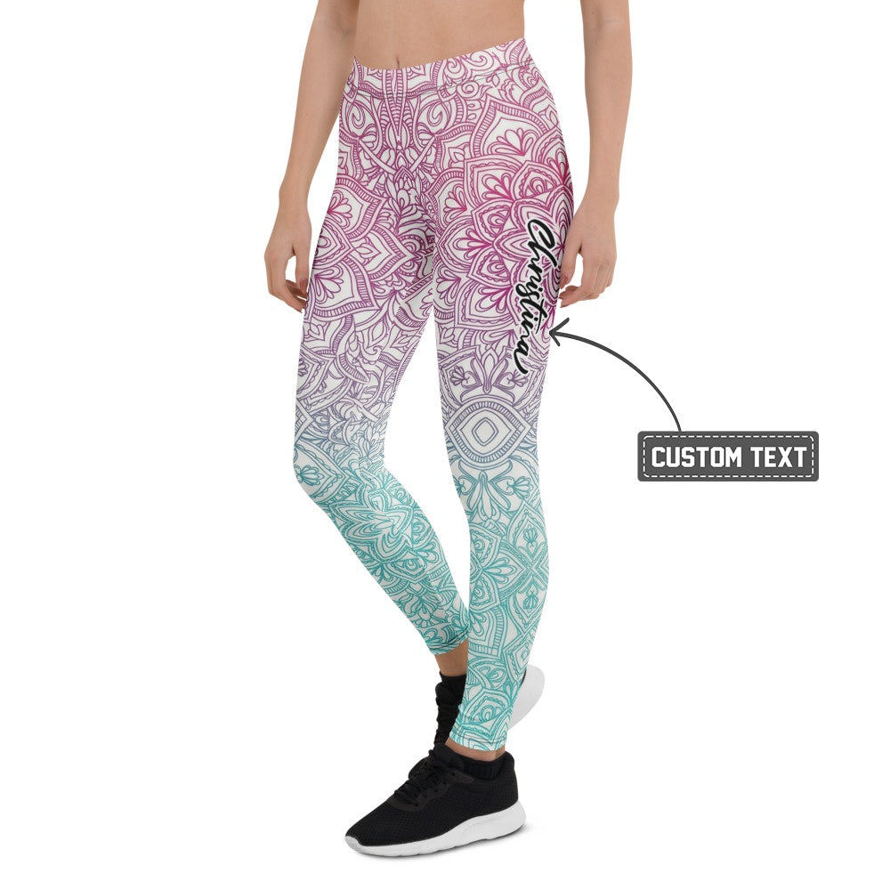 Personalisierte Yoga Leggings Damen Mandala Muster Farbverlauf Türkis Lila Fitness Sportleggings B898 - XL